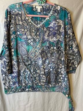 Chico's Teal, Navy & White Paisley V-Neck Tie-Hem Tunic